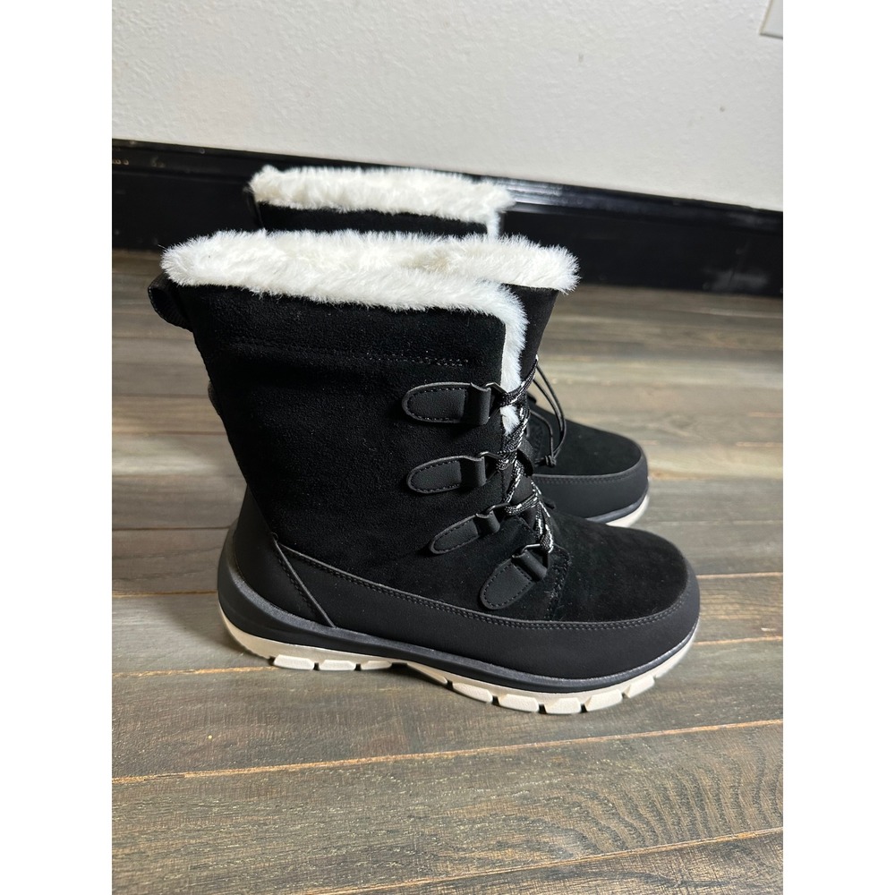 Universal Thread Black Faux Fur Trim Winter Boots Lace Up Mid Calf Snow Boots